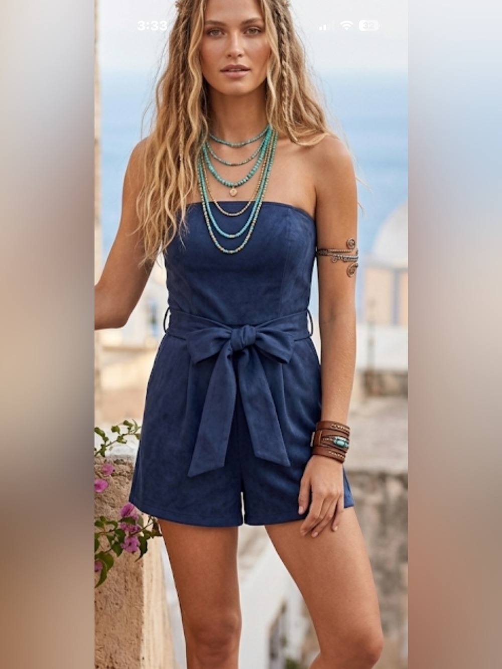 Selfie Leslie Midnight Blue Strapless Faux Suede Belted Romper small